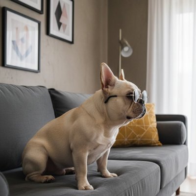 frenchie porte Lunette de soleil pour chien assis sur canapé gris