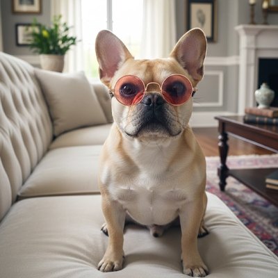 frenchie porte Lunette de soleil pour chien assis sur canapé beige