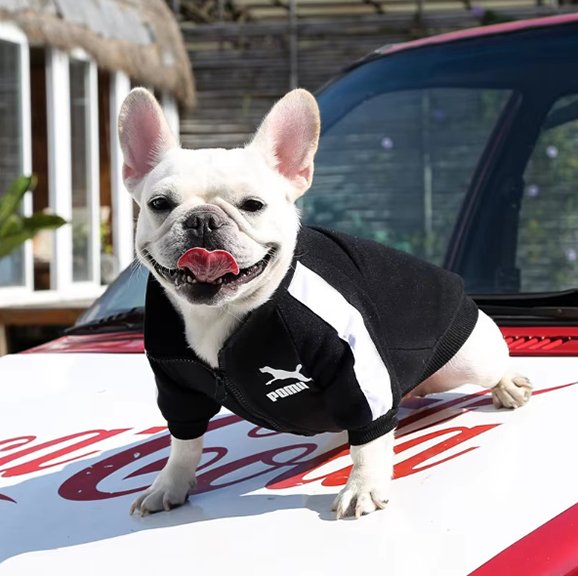 frenchie porte Pull chien noir sur voiture rouge et blanc