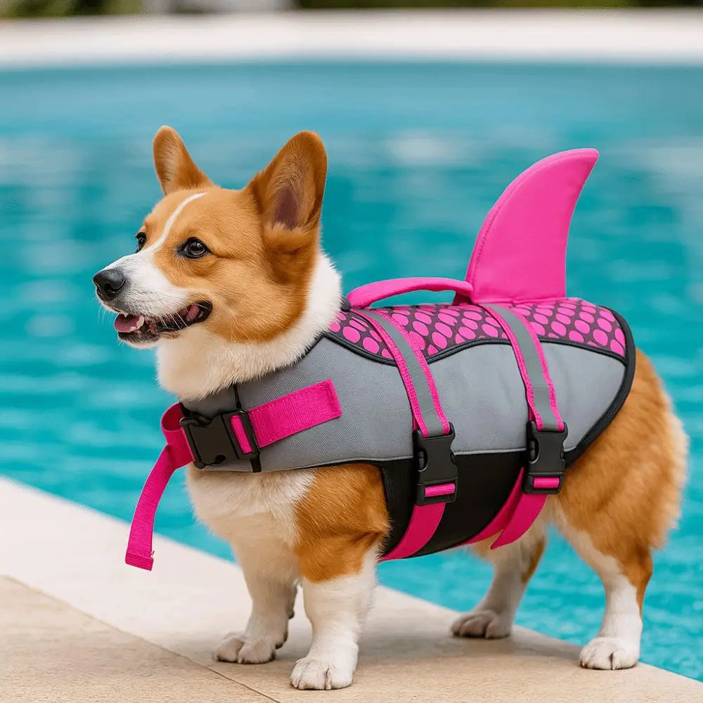 corgi portant gilet de sauvetage chien est près de piscine