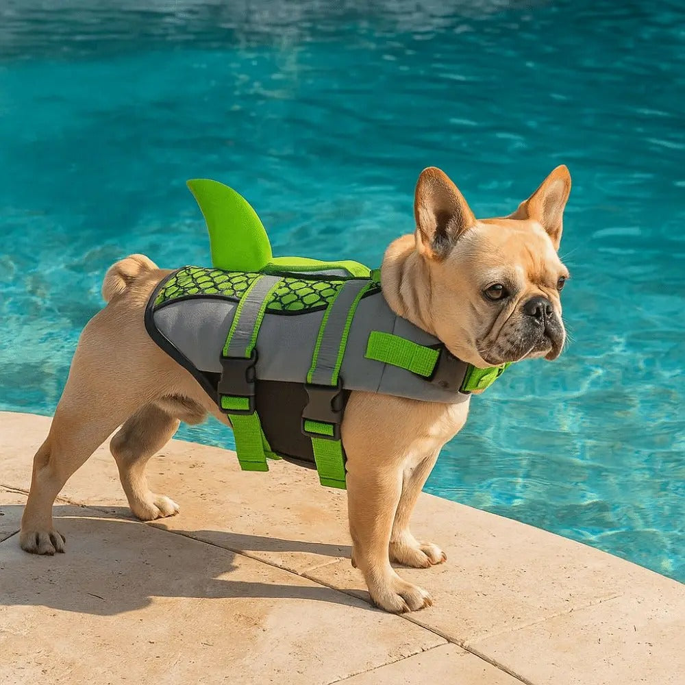 frenchie portant gilet de sauvetage chien est près de piscine