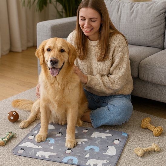 golden retriever assis sur Tapis rafraichissant pour chien au sol avec jeune femme