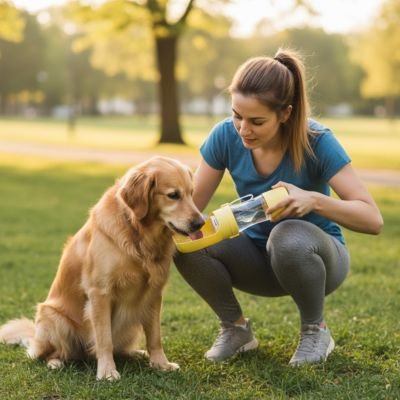 golden retriever avec femme dans un parc qui boit eau de la Gourde pour Chien