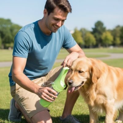 golden retriever avec homme dans un parc qui boit eau de la Gourde pour Chien