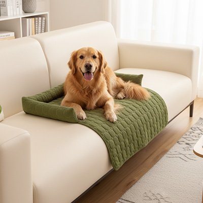 golden retriever couche sur Lit pour chien sur sofa blanc