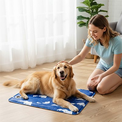 golden retriever couche sur Tapis rafraîchissant Chien avec dame