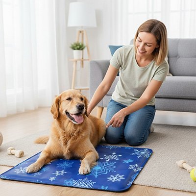 golden retriever couche sur Tapis rafraîchissant Chien avec dame 