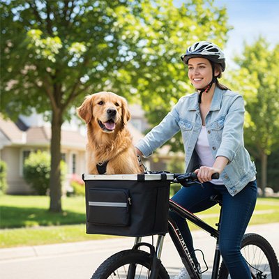 golden retriever dans Vélo panier Chien lors de promenade