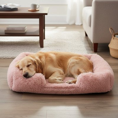 golden retriever dort dans Panier Chien sur plancher de bois