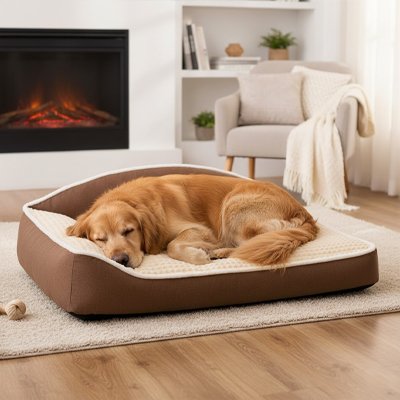 golden retriever dort dans Panier pour Chien sur moquette blanche
