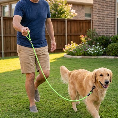 golden retriever en Laisse Chien avec homme dans cour arrière de maison
