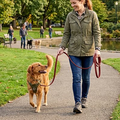 golden retriever en Longe Chien avec femme dans parc