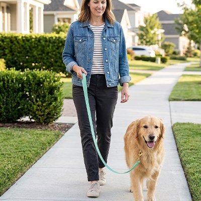 golden retriever en Longe Chien avec femme sur trottoir