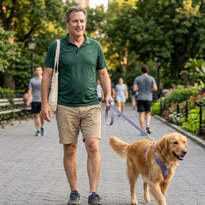 golden retriever en Longe Chien avec homme dans parc