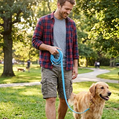 golden retriever en Longe Chien avec homme dans parc