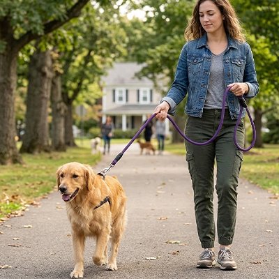 golden retriever en Longe Chien marche avec femme