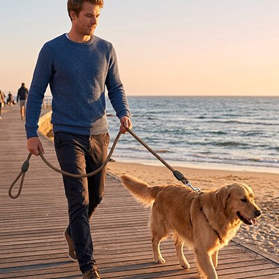 golden retriever en Longe Chien marche avec homme sur plage