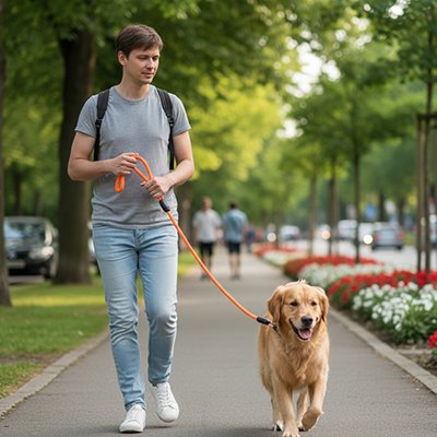 golden retriever en Longe Chien marche avec homme