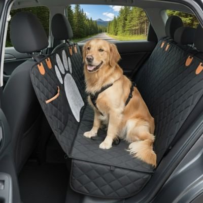 golden retriever est assis sur banquette arrière recouverte de Protection voiture chien​