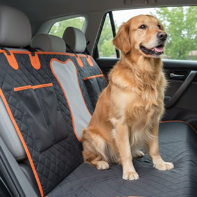 golden retriever est assis sur Protection chien voiture sur banquette arrière