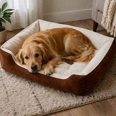 golden retriever est couché dans Panier Chien au sol sur moquette