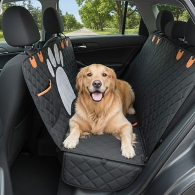 golden retriever est couché sur banquette arrière recouverte de Protection voiture chien​