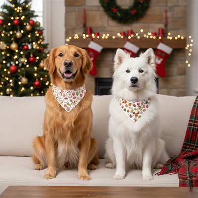 golden retriever et samoyède portant Bandana Chiens assis sur canapé