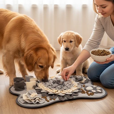 golden retriever et son chiot jouent avec Tapis de fouille chien