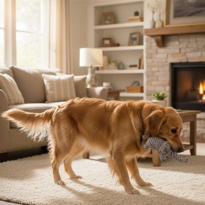 golden retriever joue avec Peluche Chien sur moquette