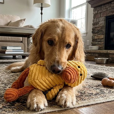 golden retriever joue avec Peluche pour chien canard sur moquette