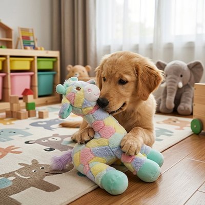 golden retriever joue avec Peluche pour chien girafe sur moquette