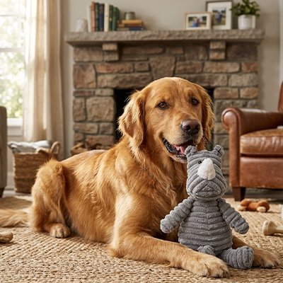 golden retriever joue avec Peluche pour chien sur moquette