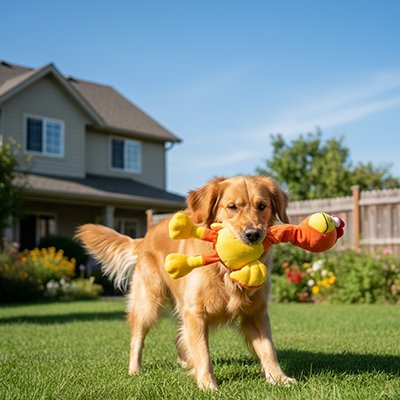 golden retriever joue avec Peluche pour chien sur pelouse verte