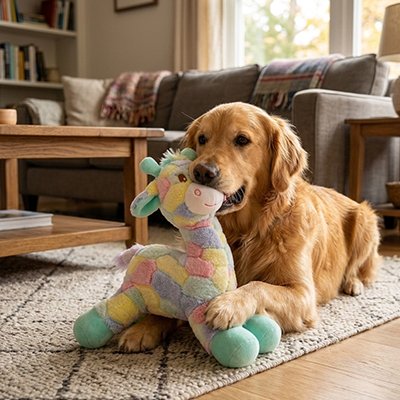 golden retriever joue avec Peluche pour chien sur moquette