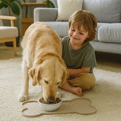 golden retriever mange sur Tapis gamelle pour Chien beige dans salon