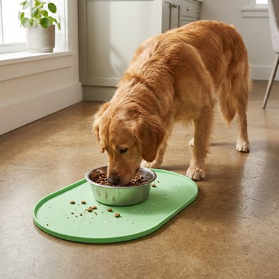 golden retriever mange sur Tapis gamelle 