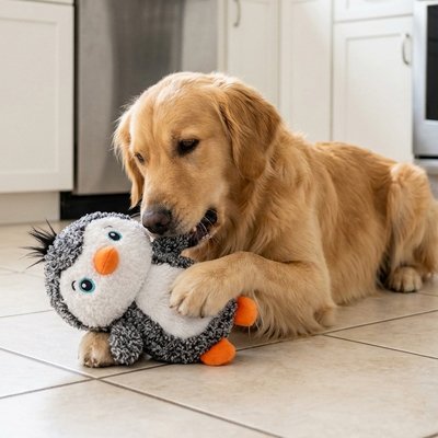 golden retriever mordille Peluche pour chien sur moquette