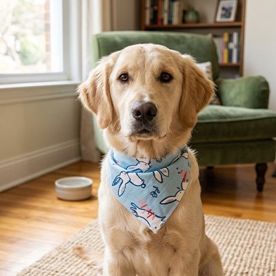 golden retriever portant Bandana pour Chien est assis sur plancher 
