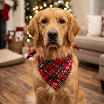 golden retriever portant Bandana pour Chien est assis sur sol