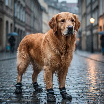 golden retriever portant Bottes pour chien attend sous pluie