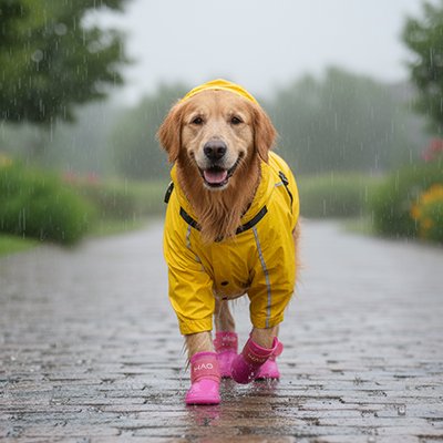 golden retriever portant Bottes pour chien et imper marche sous pluie