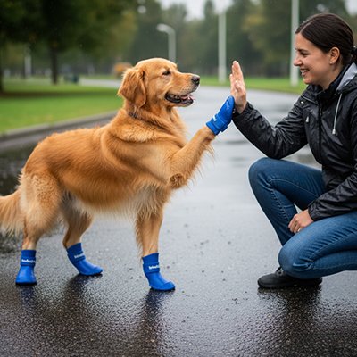 golden retriever portant Bottes pour chien joue avec dame sous pluie