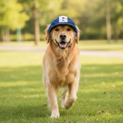 golden retriever portant Casquette chien​ cours dans parc