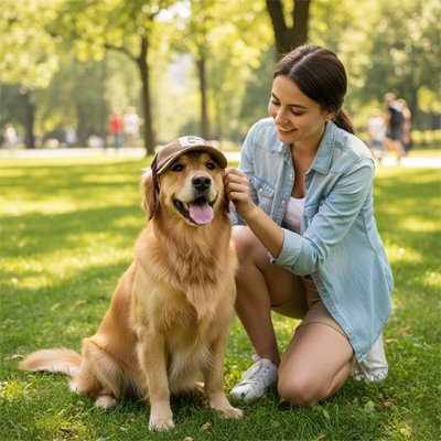 golden retriever portant Casquette chien​ est assis dans parc avec jeune femme