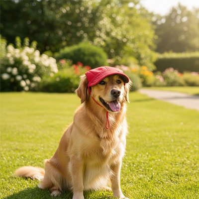 golden retriever portant Casquette chien​ est assis dans parc