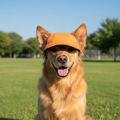 golden retriever portant Casquette chien​ est assis dans pré