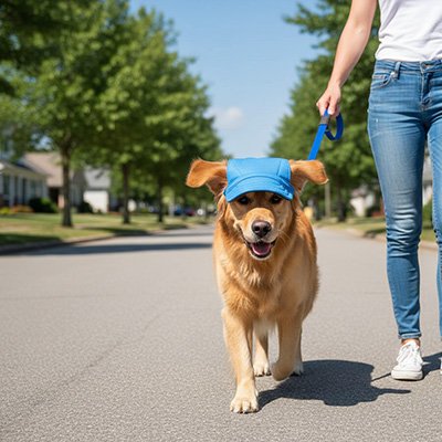 golden retriever portant Casquette chien​ marche dans la rue