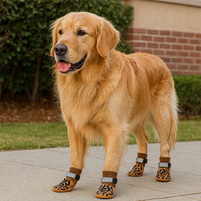 golden retriever portant Chaussette chien attend sur trottoir de ciment