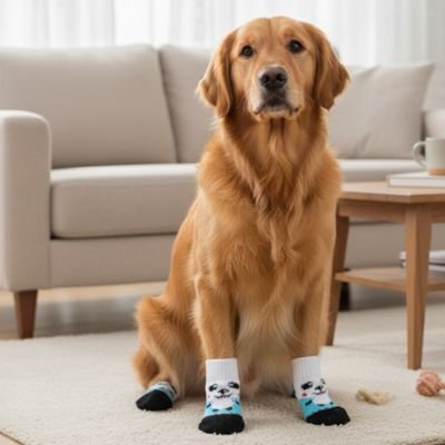 golden retriever portant Chaussette chien est assis sur moquette blanche