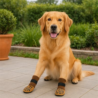 golden retriever portant Chaussette chien est assis sur trottoir de ciment